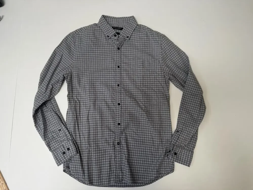 Banana Republic Luxe Slim Fit Men's Medium Button Down Gray Grid Flannel